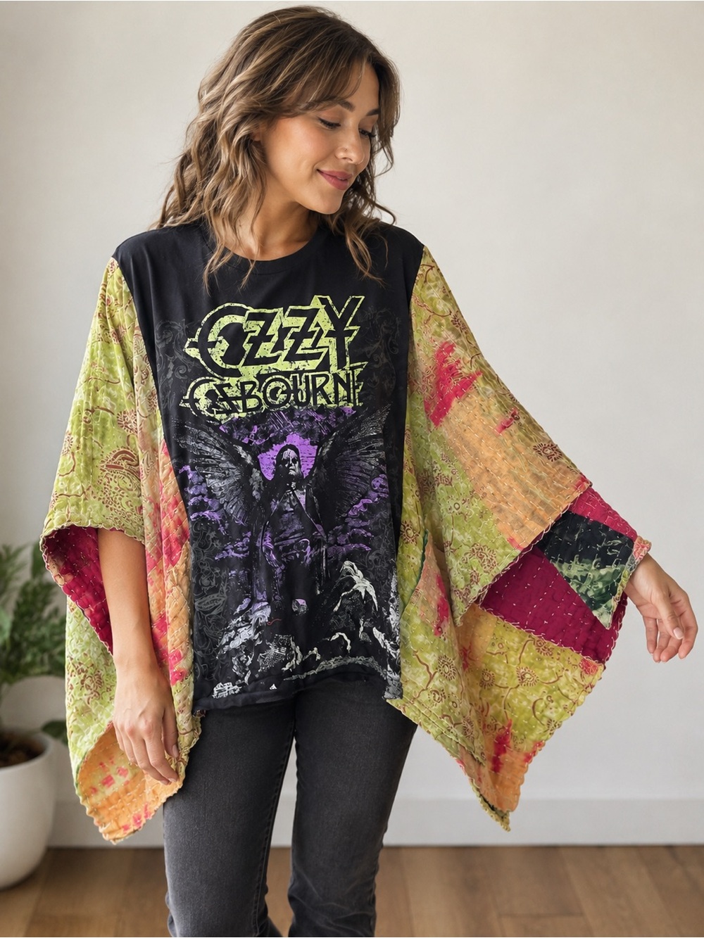 Ozzy Osbourne Upcycled Kantha Patchwork Tunic Kimono Rock Boho OOAK